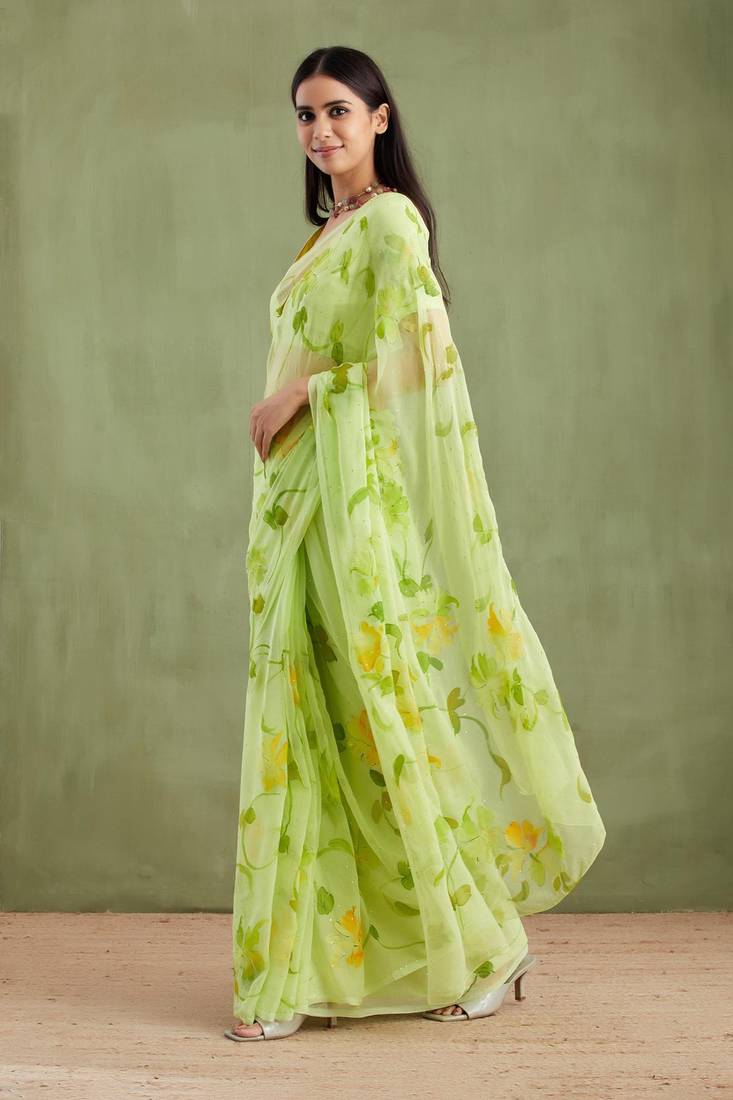 Green Hand Painted Mukaish Chiffon Saree