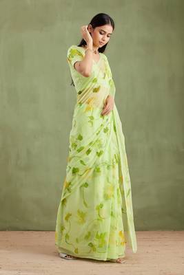 Green Hand Painted Mukaish Chiffon Saree 3