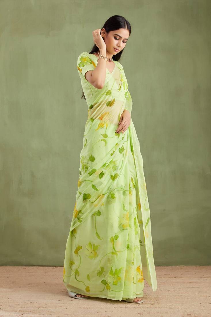 Green Hand Painted Mukaish Chiffon Saree