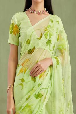 Green Hand Painted Mukaish Chiffon Saree 4