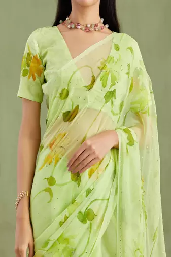 Green Hand Painted Mukaish Chiffon Saree