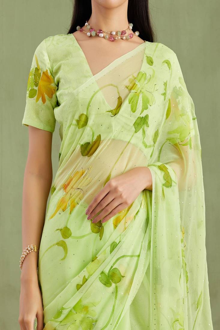 Green Hand Painted Mukaish Chiffon Saree