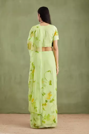 Green Hand Painted Mukaish Chiffon Saree