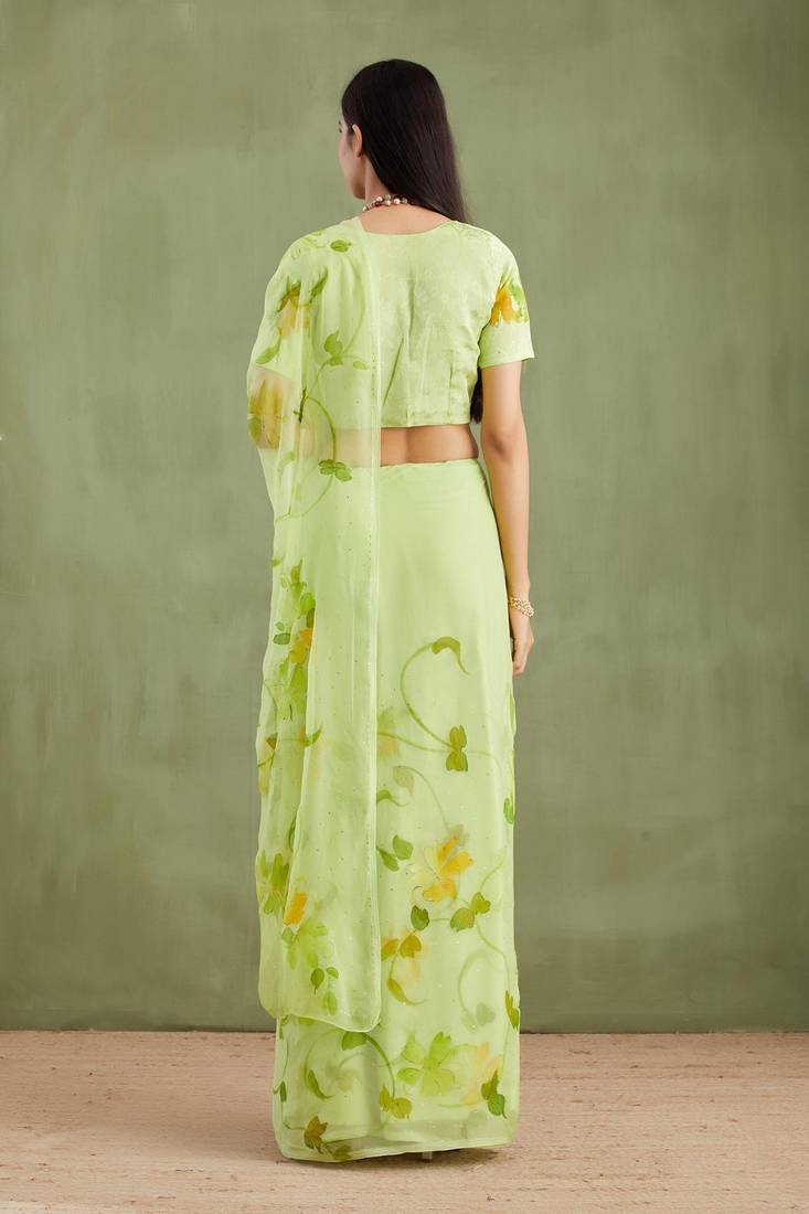 Green Hand Painted Mukaish Chiffon Saree