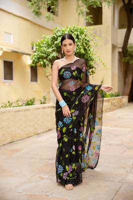 Black Hand Painted Mukaish Chiffon Saree 1