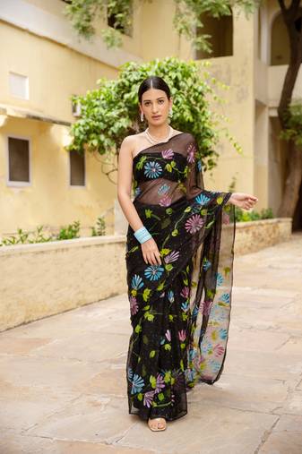 Black Hand Painted Mukaish Chiffon Saree