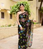 Black Hand Painted Mukaish Chiffon Saree