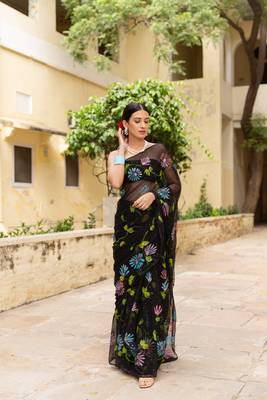 Black Hand Painted Mukaish Chiffon Saree 2