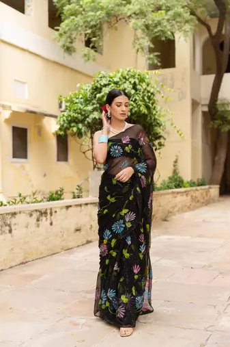 Black Hand Painted Mukaish Chiffon Saree