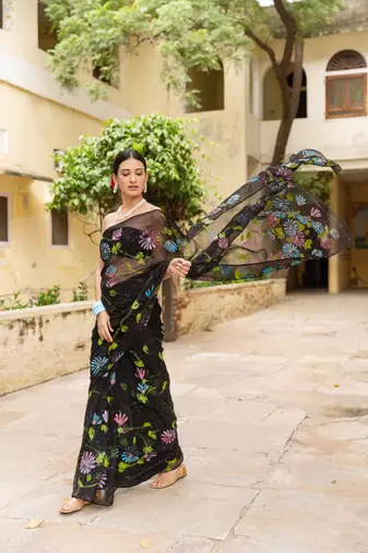 Black Hand Painted Mukaish Chiffon Saree