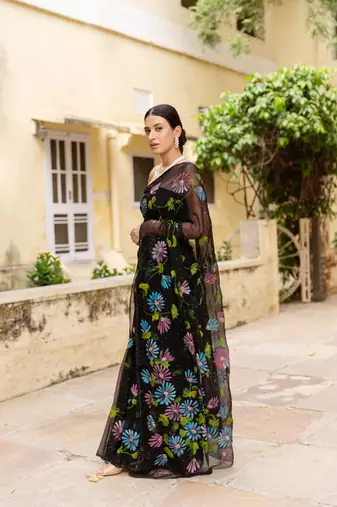 Black Hand Painted Mukaish Chiffon Saree