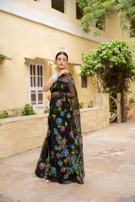 Black Hand Painted Mukaish Chiffon Saree 5