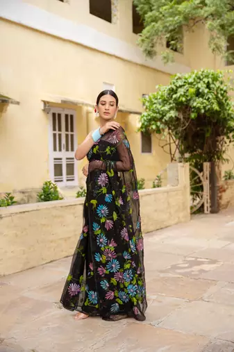 Black Hand Painted Mukaish Chiffon Saree