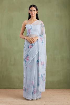 Grey Hand Painted Mukaish Chiffon Saree 1