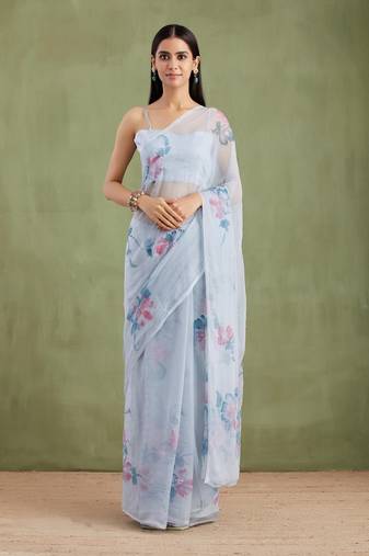 Grey Hand Painted Mukaish Chiffon Saree