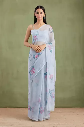 Grey Hand Painted Mukaish Chiffon Saree