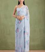 Grey Hand Painted Mukaish Chiffon Saree