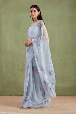Grey Hand Painted Mukaish Chiffon Saree 2