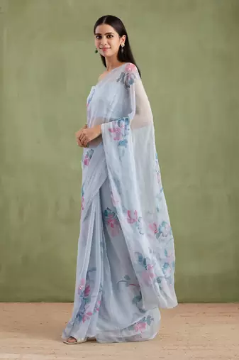 Grey Hand Painted Mukaish Chiffon Saree