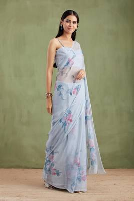Grey Hand Painted Mukaish Chiffon Saree 3