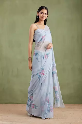Grey Hand Painted Mukaish Chiffon Saree