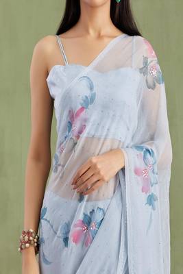 Grey Hand Painted Mukaish Chiffon Saree 4