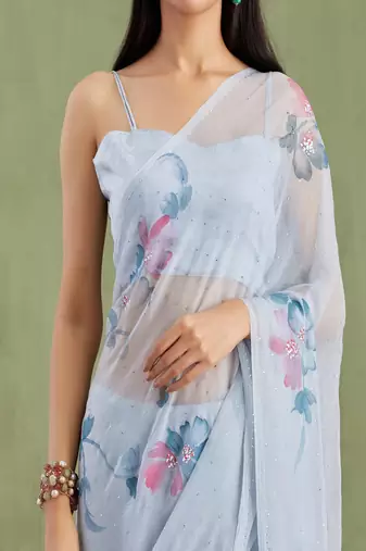 Grey Hand Painted Mukaish Chiffon Saree
