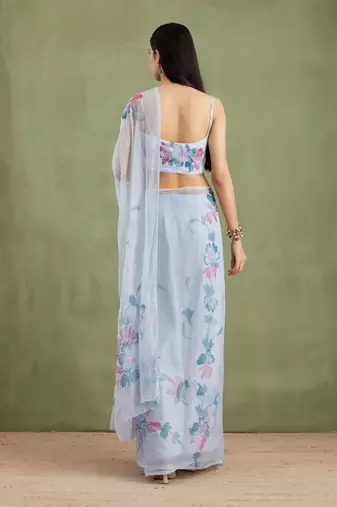 Grey Hand Painted Mukaish Chiffon Saree