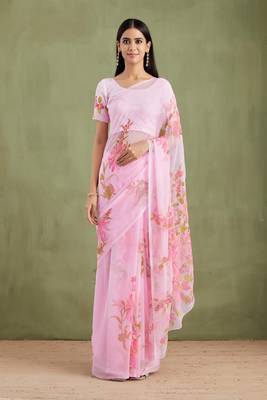 Pink Hand Painted Mukaish Chiffon Saree 1