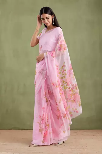 Pink Hand Painted Mukaish Chiffon Saree