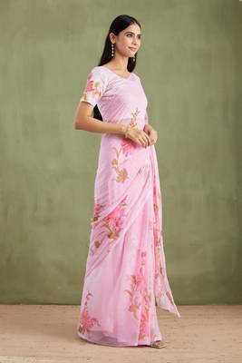 Pink Hand Painted Mukaish Chiffon Saree 3