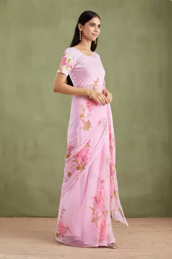 Pink Hand Painted Mukaish Chiffon Saree