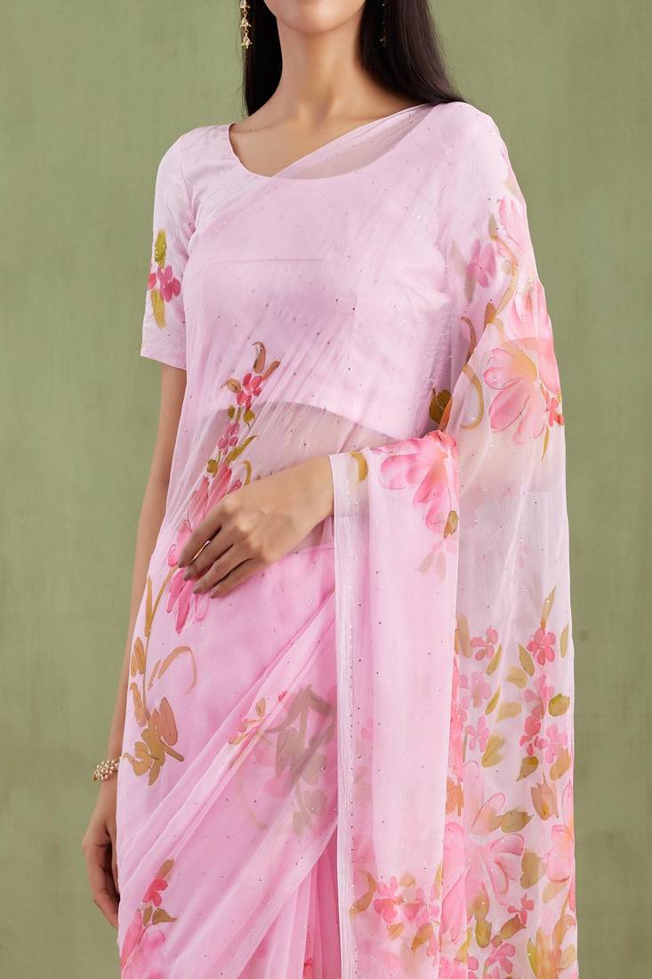 Pink Hand Painted Mukaish Chiffon Saree