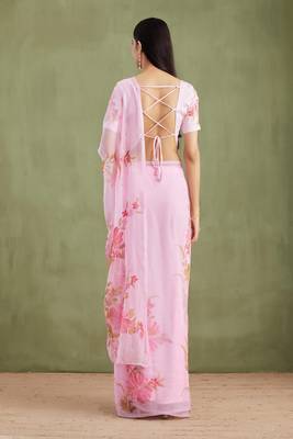 Pink Hand Painted Mukaish Chiffon Saree 5
