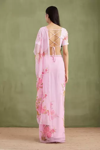 Pink Hand Painted Mukaish Chiffon Saree