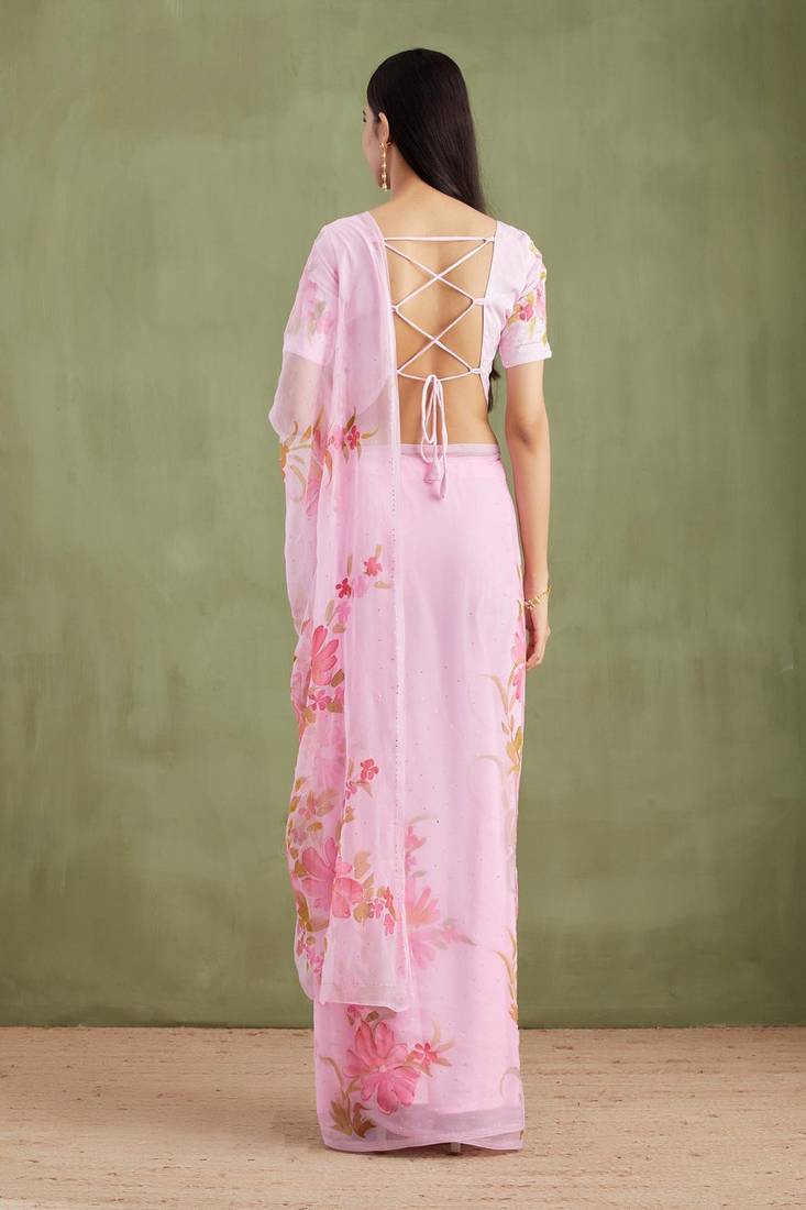 Pink Hand Painted Mukaish Chiffon Saree