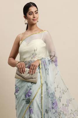 Grey Hand Painted Floral Chiffon Saree 1