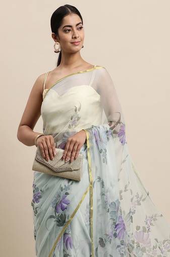 Grey Hand Painted Floral Chiffon Saree