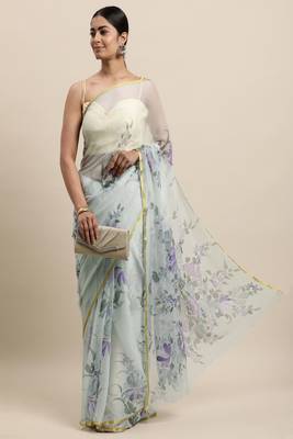 Grey Hand Painted Floral Chiffon Saree 2