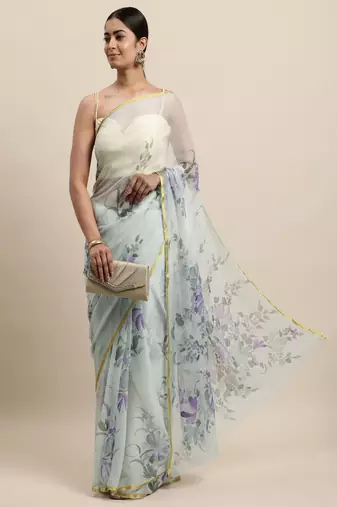 Grey Hand Painted Floral Chiffon Saree