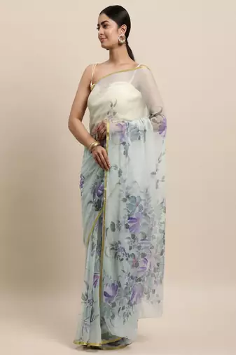 Grey Hand Painted Floral Chiffon Saree
