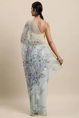 Grey Hand Painted Floral Chiffon Saree 4
