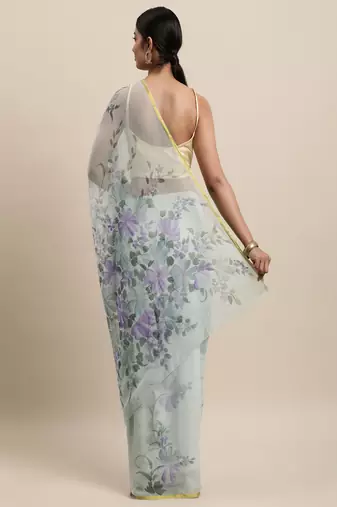 Grey Hand Painted Floral Chiffon Saree