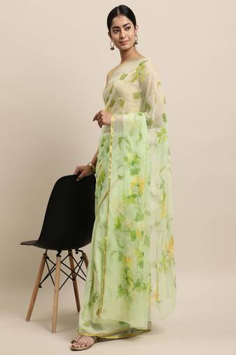 Green Floral Hand painted Chiffon Saree