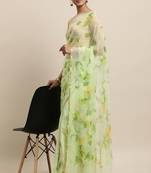Green Floral Hand painted Chiffon Saree