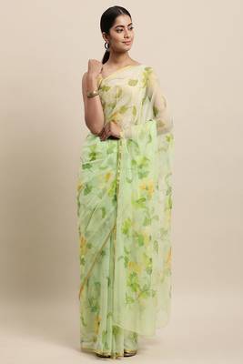 Green Floral Hand painted Chiffon Saree 2
