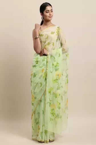 Green Floral Hand painted Chiffon Saree