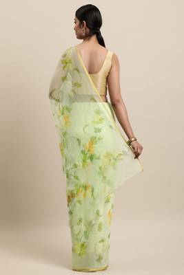 Green Floral Hand painted Chiffon Saree 3