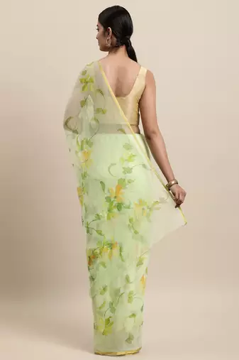Green Floral Hand painted Chiffon Saree