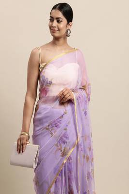 Purple Hand Painted Floral Chiffon Saree 1